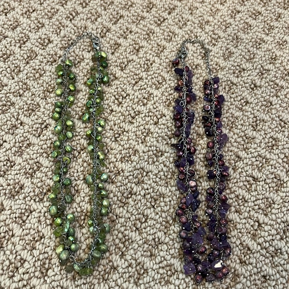 Lot of 2 beaded necklaces- green, purple